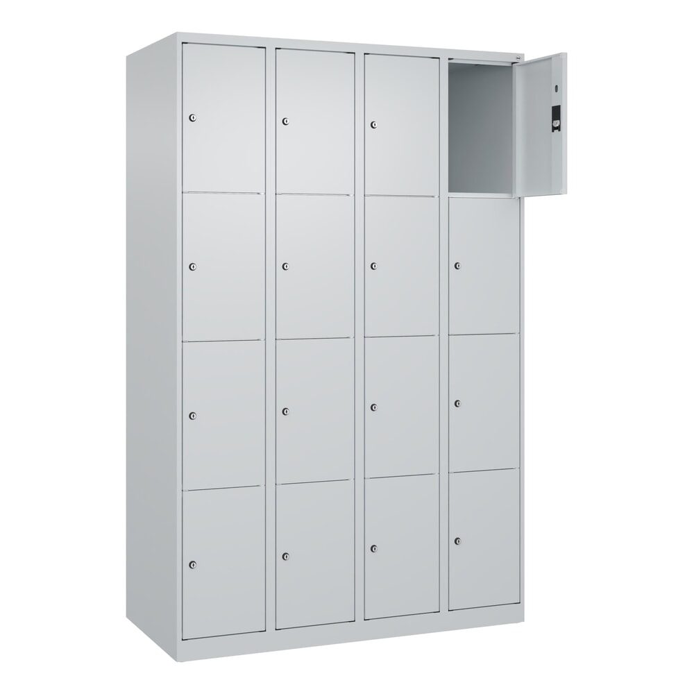 4er-Schließfachschrank Classic PLUS, 4 Abteile, lichtgrau, B 1200 mm, 16 Fächer, mit Bodengleitern C+P
