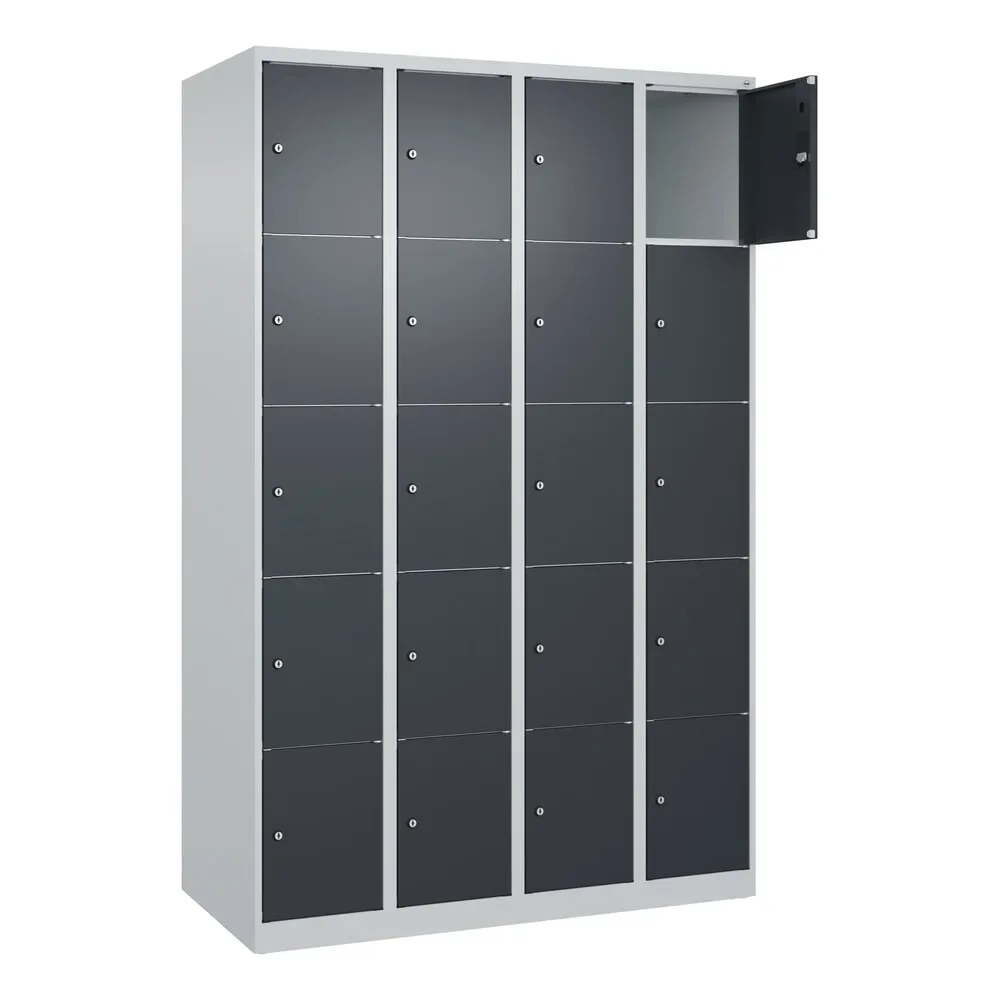 5er-Schließfachschrank Classic PLUS, 4 Abteile, lichtgrau / grau, B 1200 mm, 20 Fächer, mit Bodengleitern C+P