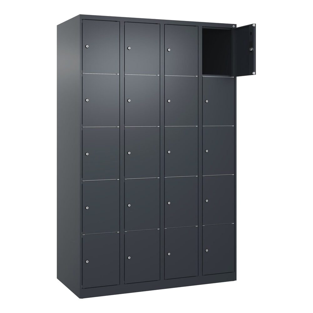 5er-Schließfachschrank Classic PLUS, 4 Abteile, grau, B 1200 mm, 20 Fächer, mit Bodengleitern C+P