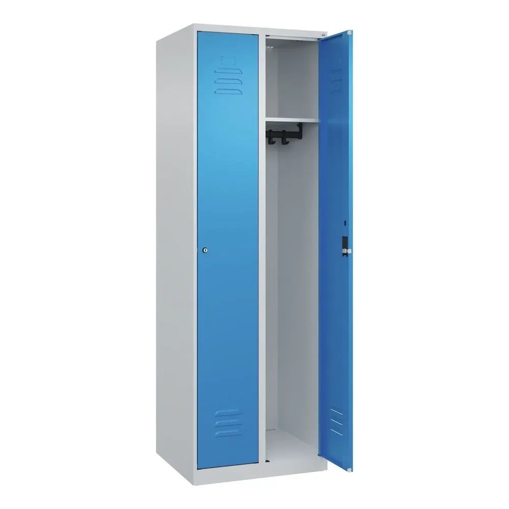 Spind Classic PLUS, 2 Abteile, lichtgrau / lichtblau, B 600 mm, mit Bodengleitern, Zylinderschloss C+P