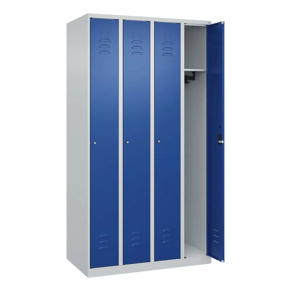 C+P Spind Classic PLUS, 4 Abteile, HxBxT 1.850 x 1.000 x 500 mm, lichtgrau, enzianblau, Zylinderschloss, ohne Mitteltrennwand