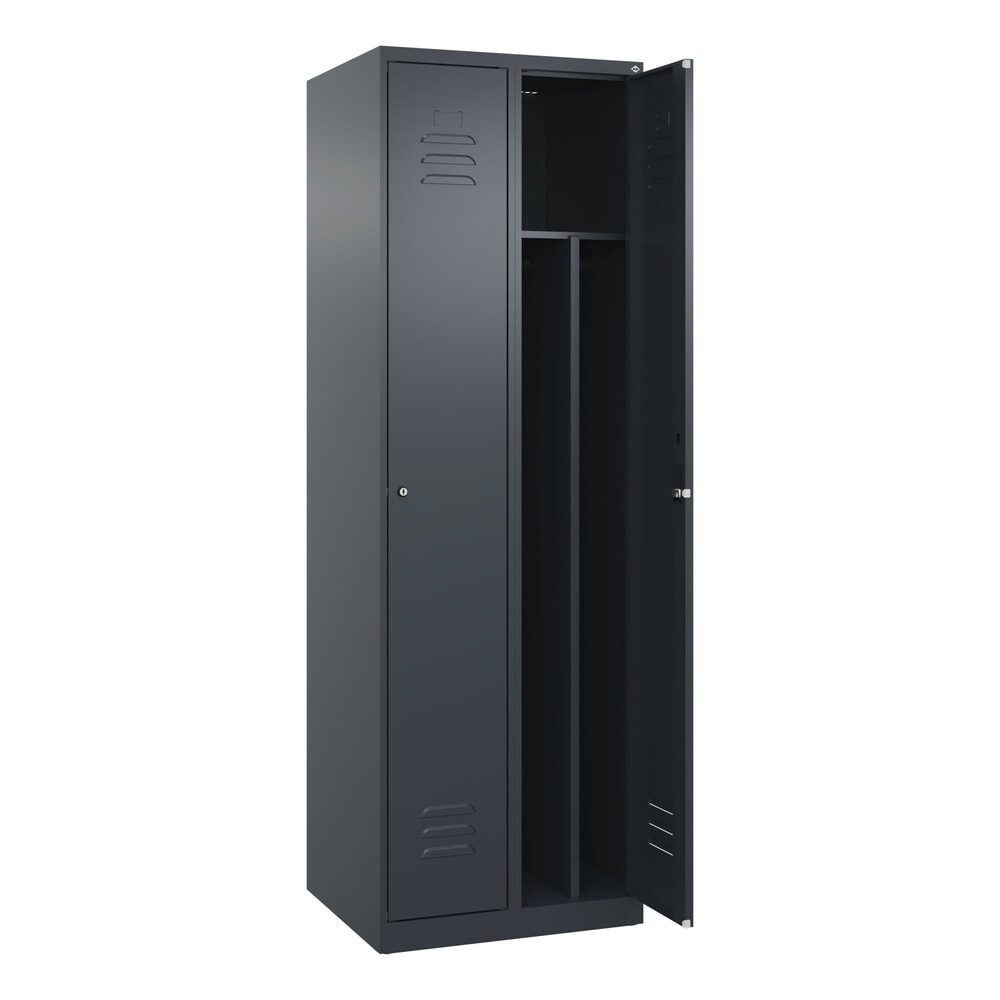 C+P Schwarz-Weiß-Spind Classic PLUS, schmal, 2 Abteile, verkürzte Trennwand mittig, grau, B 600 mm, mit Bodengleitern, Zylinderschloss, Trennwand mittig