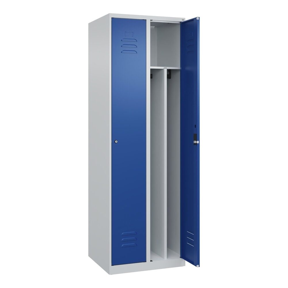 C+P Spind Classic PLUS, 2 Abteile, HxBxT 1.850 x 600 x 500 mm, lichtgrau, enzianblau, Zylinderschloss, mit Mitteltrennwand