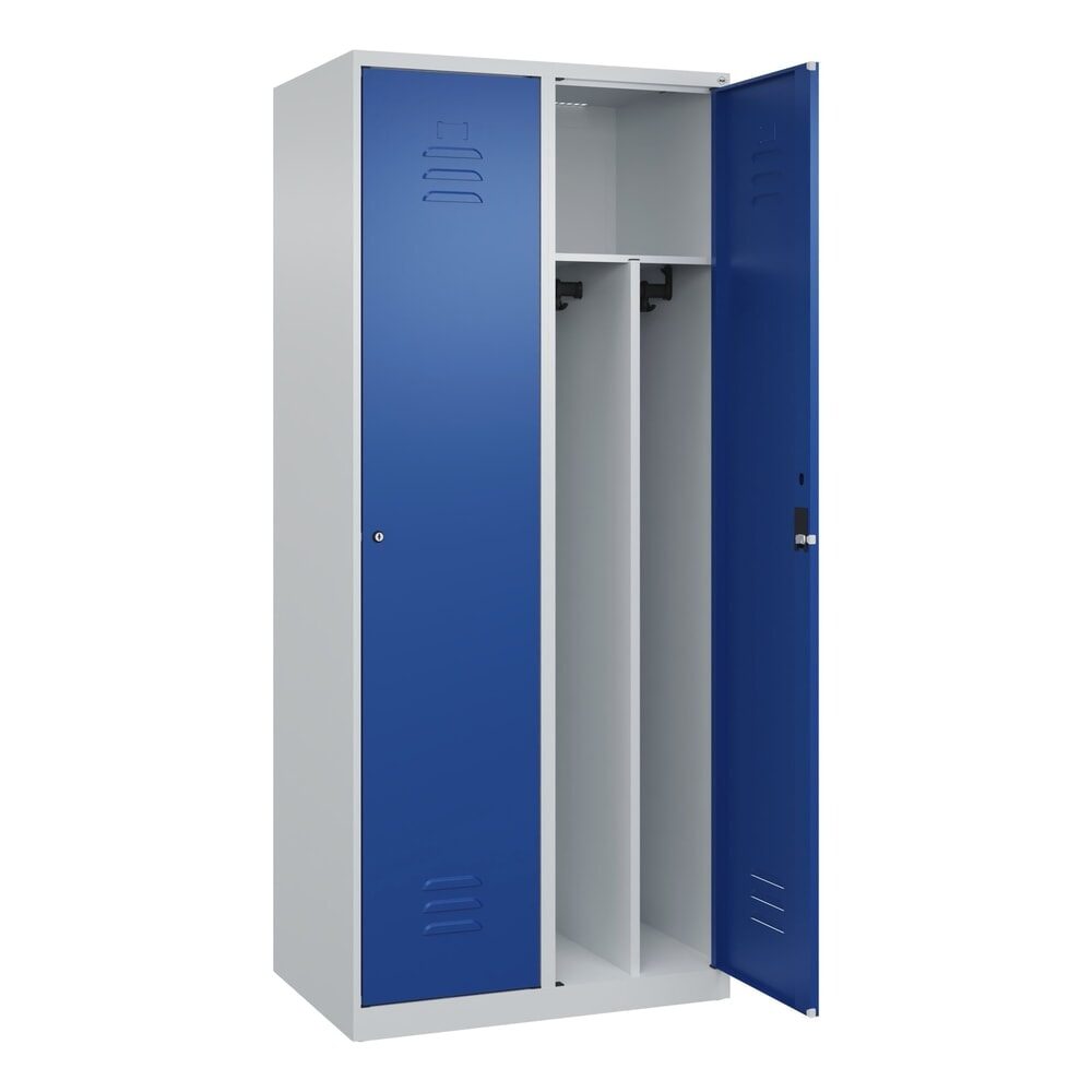 C+P Schwarz-Weiß-Spind Classic PLUS, schmal, 2 Abteile, verkürzte Trennwand mittig, lichtgrau / enzianblau, B 800 mm, mit Bodengleitern, Zylinderschloss,