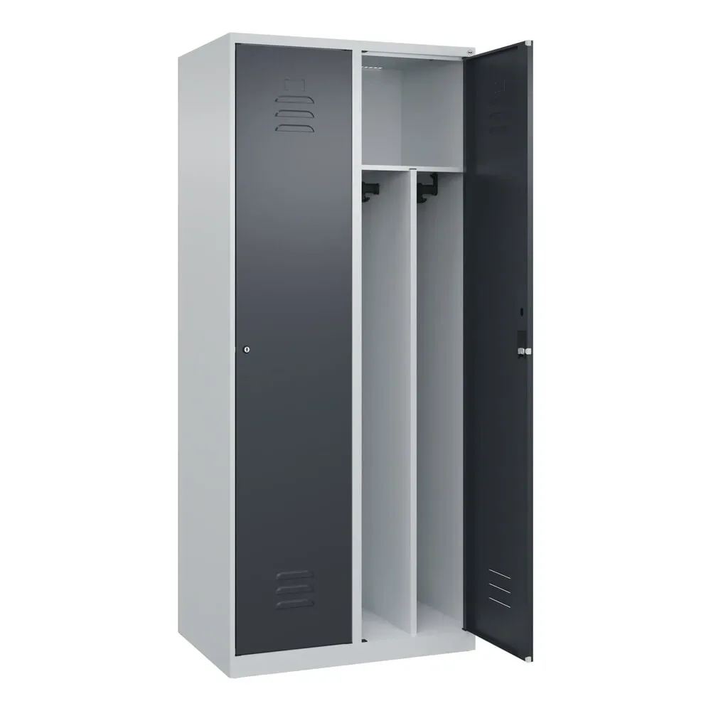 C+P Schwarz-Weiß-Spind Classic PLUS, schmal, 2 Abteile, verkürzte Trennwand mittig, lichtgrau / grau, B 800 mm, mit Bodengleitern, Zylinderschloss,