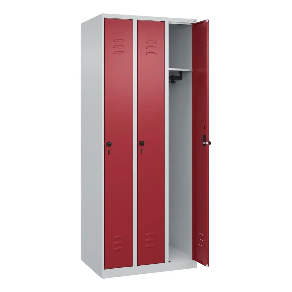 C+P Spind Classic PLUS, 3 Abteile, HxBxT 1.850 x 750 x 500 mm, lichtgrau, rubinrot, für Vorhängeschloss, ohne Mitteltrennwand