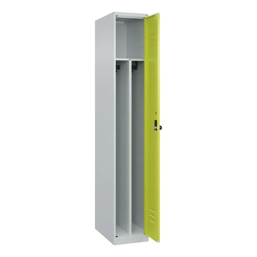 C+P Spind Classic PLUS, 1 Abteil, HxBxT 1.850 x 300 x 500 mm, lichtgrau, clowngrün, für Vorhängeschloss, mit Mitteltrennwand