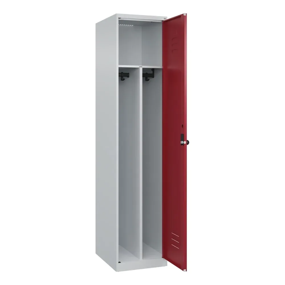 C+P Spind Classic PLUS, 1 Abteil, HxBxT 1.850 x 400 x 500 mm, lichtgrau, rubinrot, für Vorhängeschloss, mit Mitteltrennwand