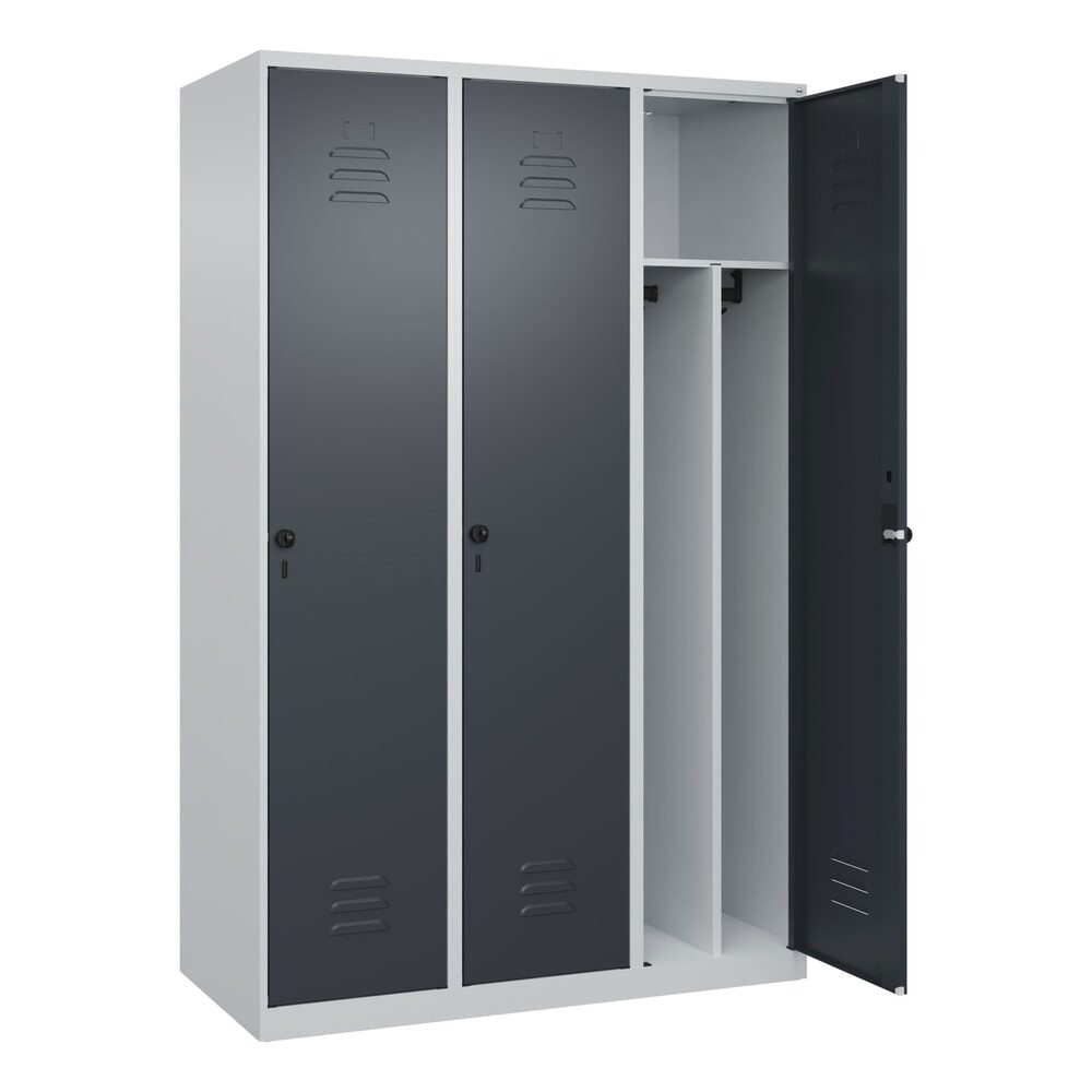 C+P Schwarz-Weiß-Spind Classic PLUS, schmal, 3 Abteile, verkürzte Trennwand mittig, lichtgrau / grau, B 1200 mm, mit Bodengleitern, Drehriegel, Trennwand