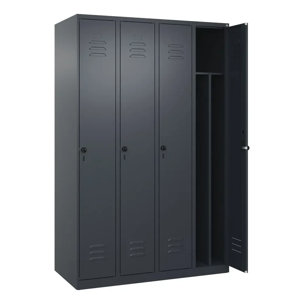 Schwarz-Weiß-Spind Classic PLUS, schmal, 4 Abteile, verkürzte Trennwand mittig, grau, B 1200 mm, mit Bodengleitern, Drehriegel, Trennwand mittig C+P