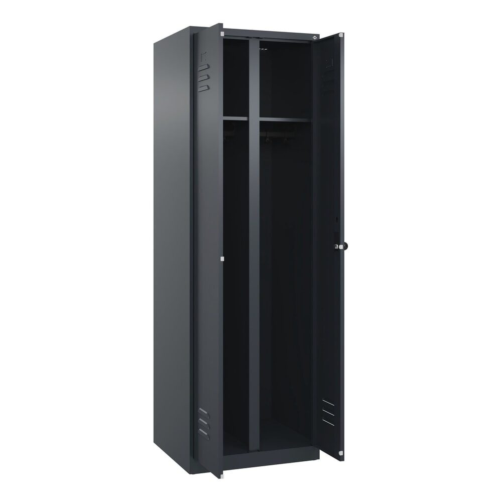 Schwarz-Weiß-Spind Classic PLUS, Trennwand mittig, 1 Abteil, grau, HxB 1850 x 600 mm, mit Bodengleitern, Drehriegel C+P