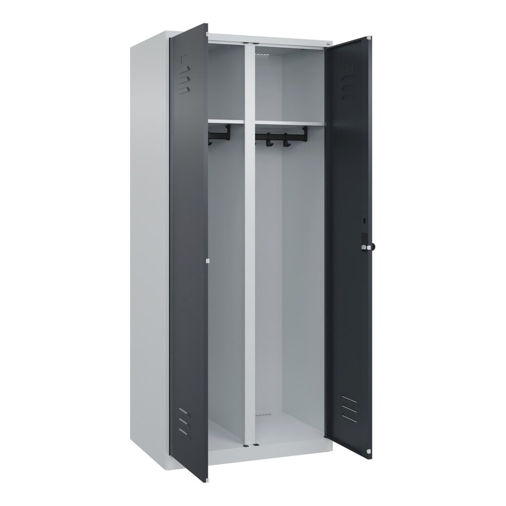 Schwarz-Weiß-Spind Classic PLUS, Trennwand mittig, 1 Abteil, lichtgrau / grau, HxB 1850 x 800 mm, mit Bodengleitern, Drehriegel C+P