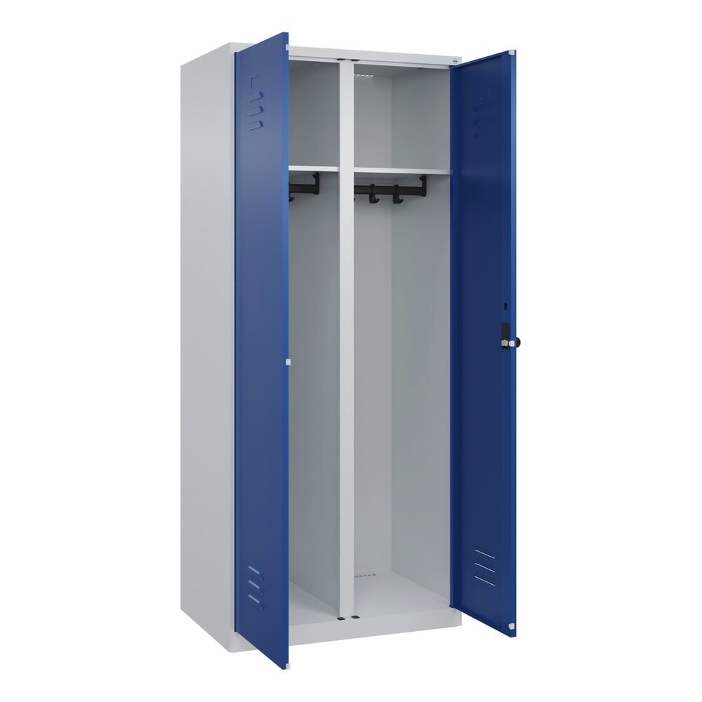 Schwarz-Weiß-Spind Classic PLUS, Trennwand mittig, 1 Abteil, lichtgrau / enzianblau, HxB 1850 x 800 mm, mit Bodengleitern, Drehriegel C+P
