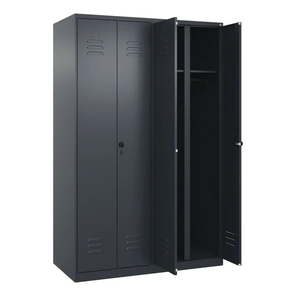 Schwarz-Weiß-Spind Classic PLUS, Trennwand mittig, 2 Abteile, grau, HxB 1850 x 1200 mm, mit Bodengleitern, Drehriegel C+P