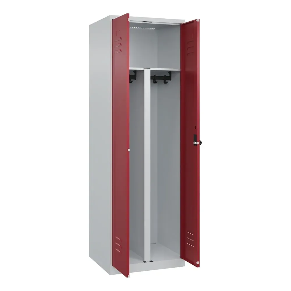 C+P PSA Doppel-Spind Classic PLUS, 2 Abteile, HxBxT 1.850 x 600 x 500 mm, lichtgrau, rubinrot, für Vorhängeschloss
