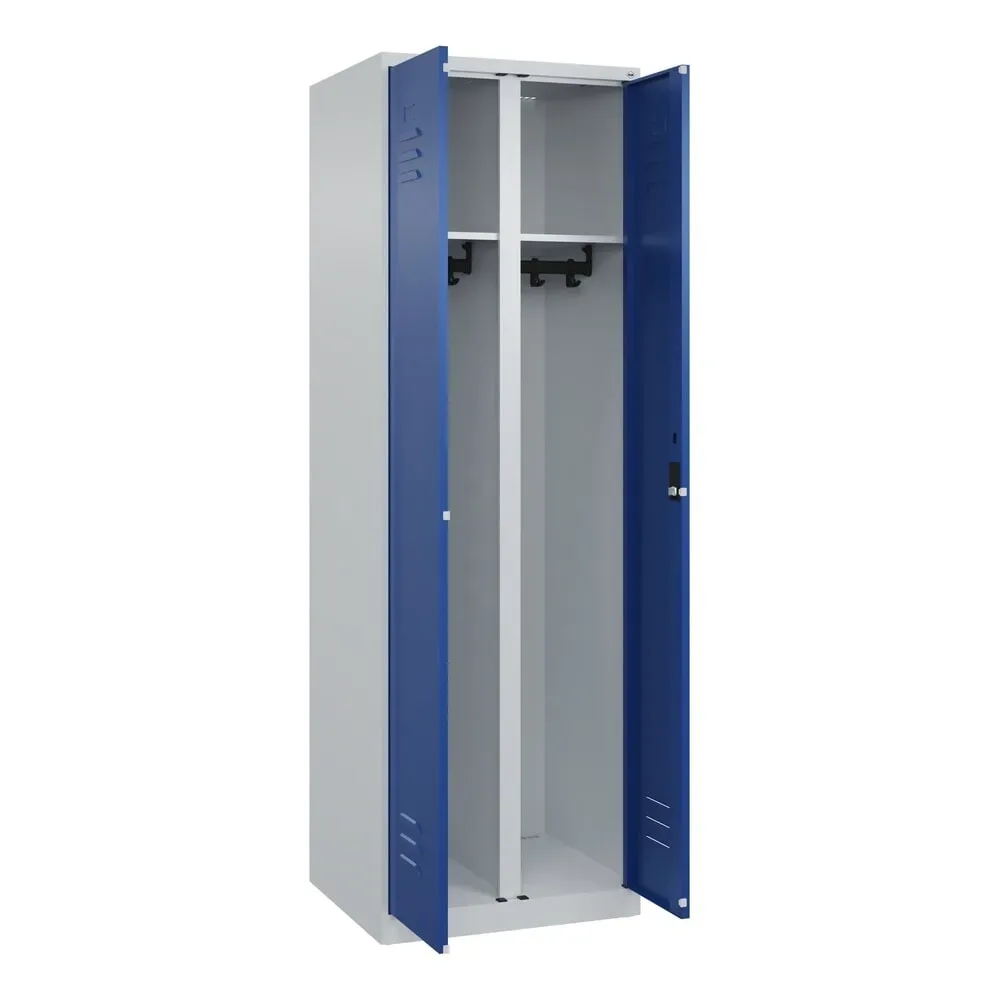 Schwarz-Weiß-Spind Classic PLUS, Trennwand mittig, 1 Abteil, lichtgrau / enzianblau, HxB 1850 x 600 mm, mit Bodengleitern, Zylinderschloss C+P