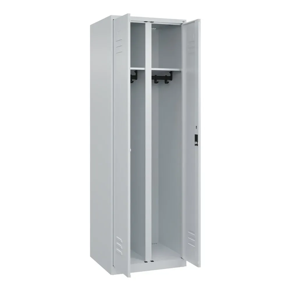 Schwarz-Weiß-Spind Classic PLUS, Trennwand mittig, 1 Abteil, lichtgrau, HxB 1850 x 600 mm, mit Bodengleitern, Zylinderschloss C+P