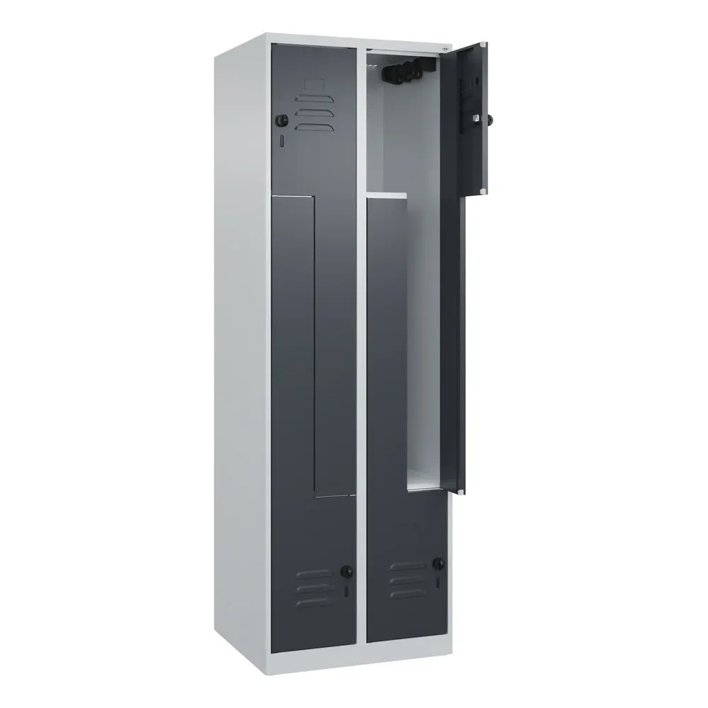 Z-Spind Classic PLUS, 2 Abteile, lichtgrau / grau, B 600 mm, mit Bodengleitern, Drehriegel C+P