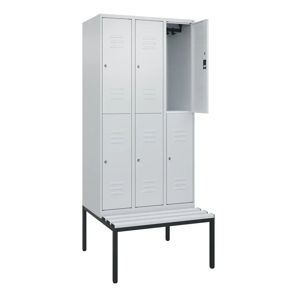 C+P Doppelstock-Spind Classic PLUS, 3 Abteile, HxBxT 2.120 x 900 x 815 mm, Zylinderschloss, untergebaute Bank aus Kunststoff, lichtgrau, lichtgrau