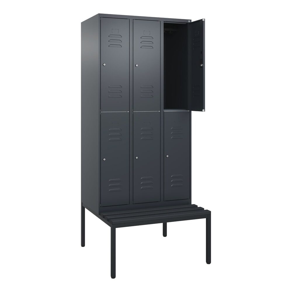 C+P Doppelstock-Spind Classic PLUS, 3 Abteile, HxBxT 2.120 x 900 x 815 mm, Zylinderschloss, untergebaute Bank aus Kunststoff, anthrazitgrau, anthrazitgrau