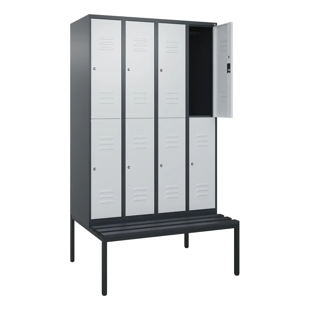 C+P Doppelstock-Spind Classic PLUS, 4 Abteile, HxBxT 2.120 x 1.200 x 815 mm, Zylinderschloss, untergebaute Bank aus Kunststoff, anthrazitgrau, lichtgrau