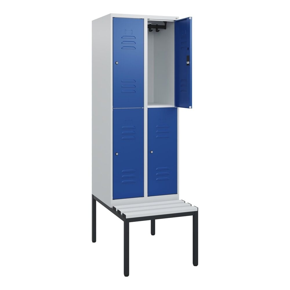 C+P Doppelstock-Spind Classic PLUS, 2 Abteile, HxBxT 1.950 x 600 x 815 mm, Zylinderschloss, untergebaute Bank aus Kunststoff, lichtgrau, enzianblau