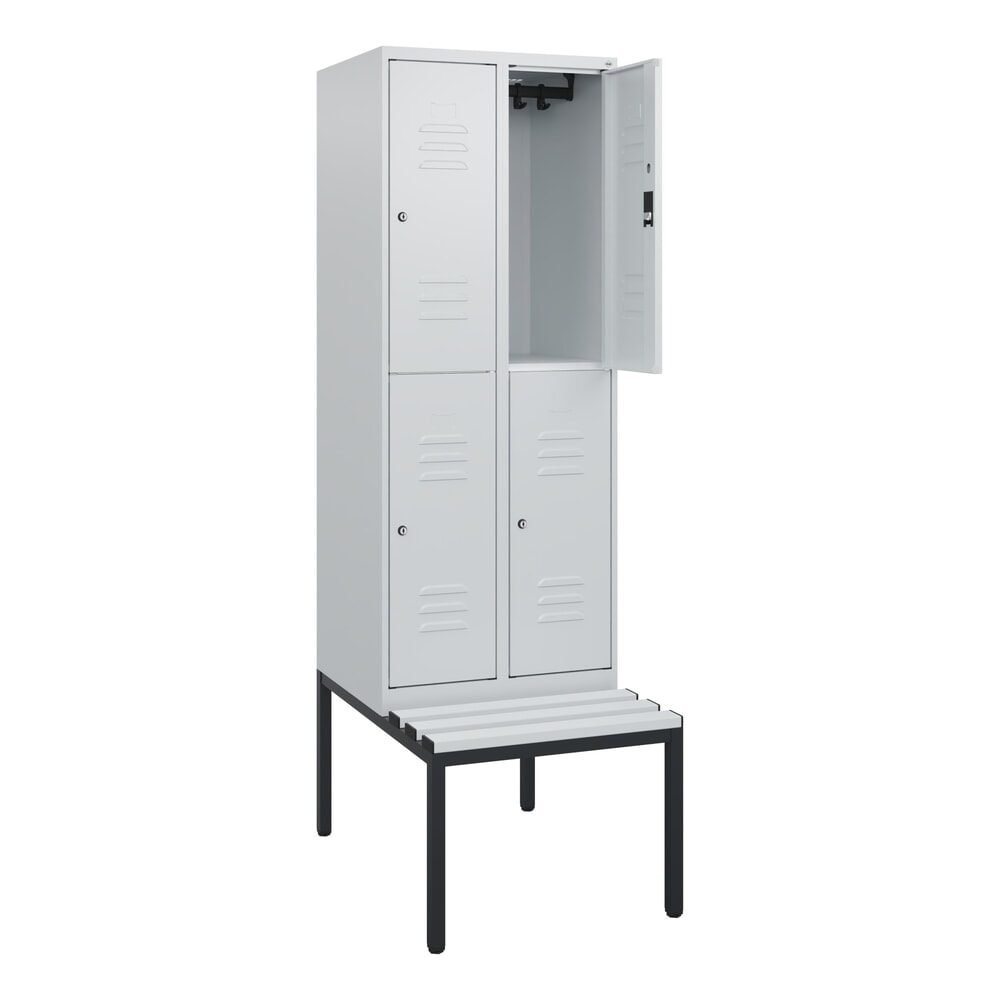 C+P Doppelstock-Spind Classic PLUS, 2 Abteile, HxBxT 1.950 x 600 x 815 mm, Zylinderschloss, untergebaute Bank aus Kunststoff, lichtgrau, lichtgrau