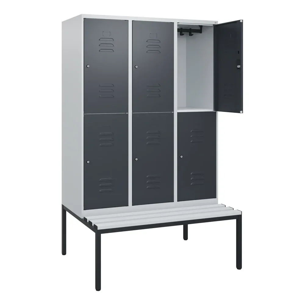 C+P Doppelstock-Spind Classic PLUS, 3 Abteile, HxBxT 1.950 x 1.200 x 815 mm, Zylinderschloss, untergebaute Bank aus Kunststoff, lichtgrau, anthrazitgrau