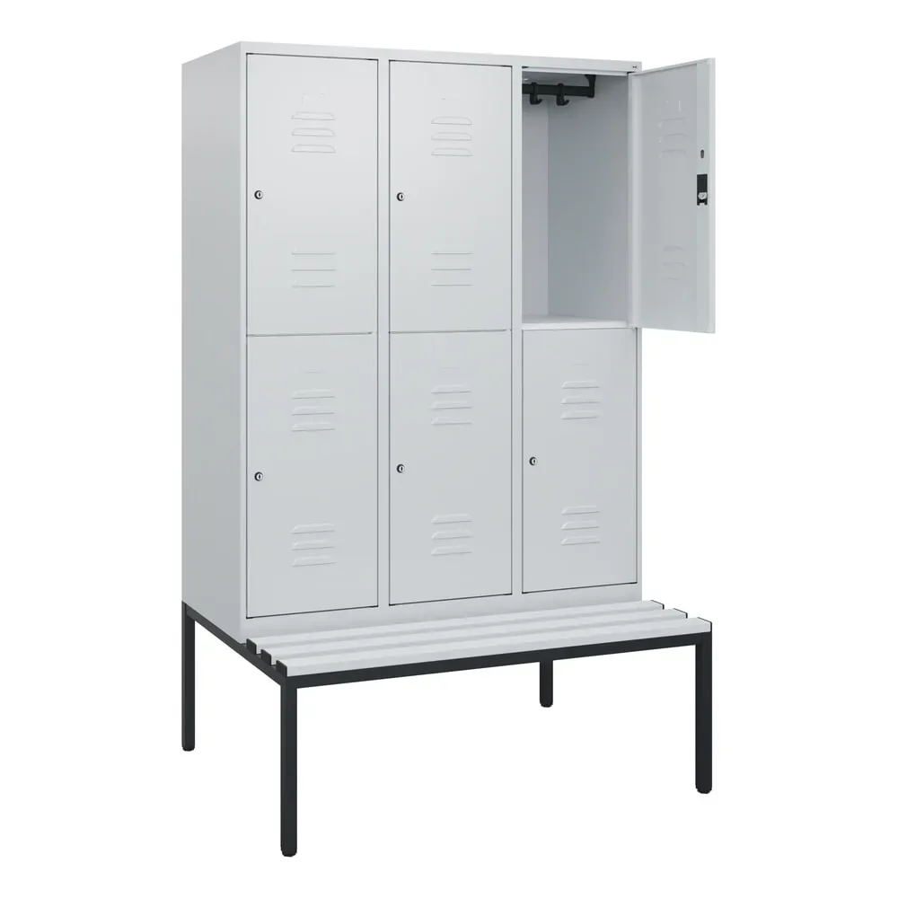 C+P Doppelstock-Spind Classic PLUS, 3 Abteile, HxBxT 1.950 x 1.200 x 815 mm, Zylinderschloss, untergebaute Bank aus Kunststoff, lichtgrau, lichtgrau