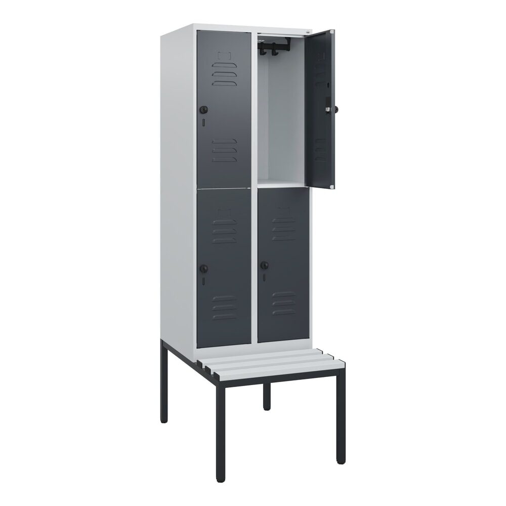 C+P Doppelstock-Spind Classic PLUS, 2 Abteile, HxBxT 1.950 x 600 x 815 mm, für Vorhängeschloss, untergebaute Bank aus Kunststoff, lichtgrau, anthrazitgrau