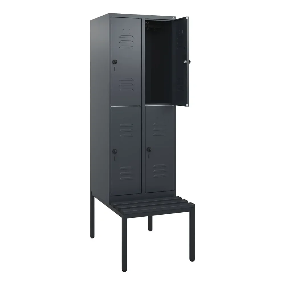 C+P Doppelstock-Spind Classic PLUS, 2 Abteile, HxBxT 1.950 x 600 x 815 mm, für Vorhängeschloss, untergebaute Bank aus Kunststoff, anthrazitgrau, anthrazitgrau