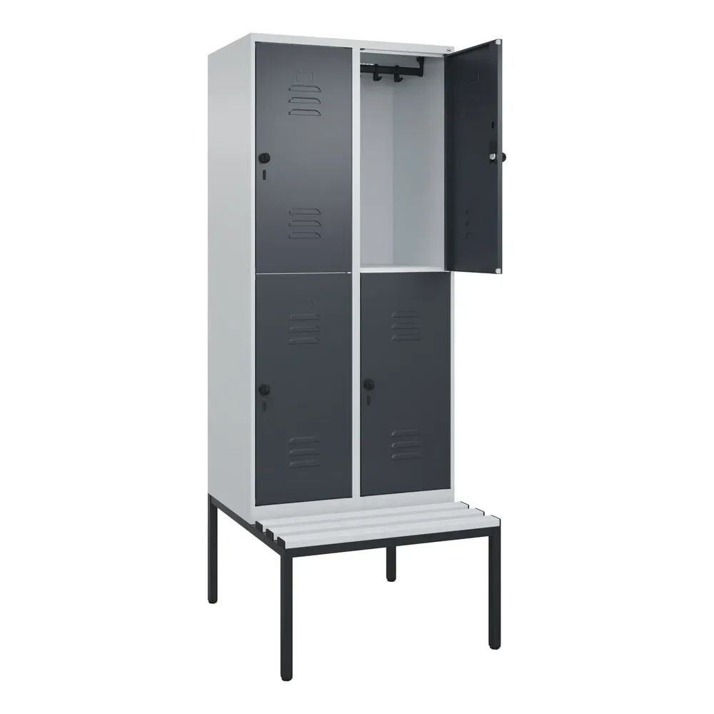 C+P Doppelstock-Spind Classic PLUS, 2 Abteile, HxBxT 2.120 x 800 x 815 mm, für Vorhängeschloss, untergebaute Bank aus Kunststoff, lichtgrau, anthrazitgrau
