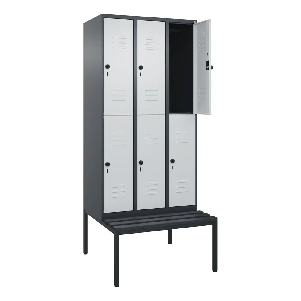 C+P Doppelstock-Spind Classic PLUS, 3 Abteile, HxBxT 2.120 x 900 x 815 mm, für Vorhängeschloss, untergebaute Bank aus Kunststoff, anthrazitgrau, lichtgrau