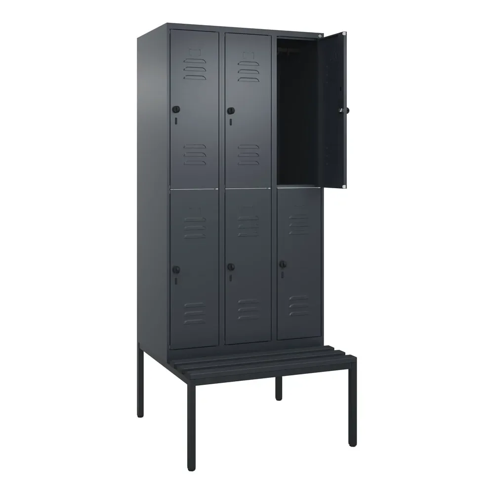 C+P Doppelstock-Spind Classic PLUS, 3 Abteile, HxBxT 2.120 x 900 x 815 mm, für Vorhängeschloss, untergebaute Bank aus Kunststoff, anthrazitgrau, anthrazitgrau