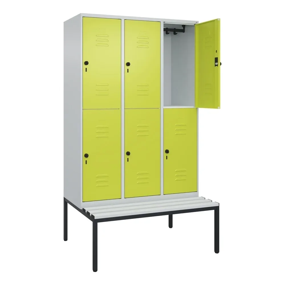 C+P Doppelstock-Spind Classic PLUS, 3 Abteile, HxBxT 2.120 x 1.200 x 815 mm, für Vorhängeschloss, untergebaute Bank aus Kunststoff, lichtgrau, clowngrün