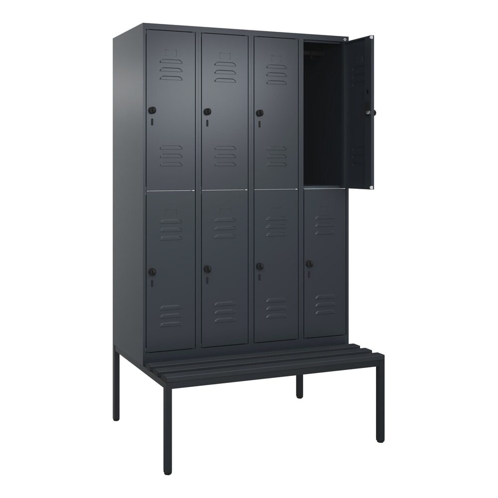 C+P Doppelstock-Spind Classic PLUS, 4 Abteile, HxBxT 2.120 x 1.200 x 815 mm, für Vorhängeschloss, untergebaute Bank aus Kunststoff, anthrazitgrau, anthrazitgrau