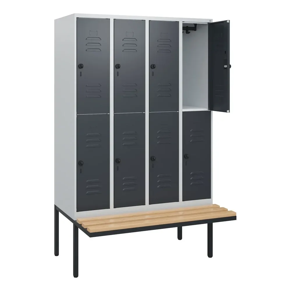 C+P Doppelstock-Spind Classic PLUS, 4 Abteile, HxBxT 1.950 x 1.200 x 815 mm, für Vorhängeschloss, auskragende Bank aus Buche, lichtgrau, anthrazitgrau