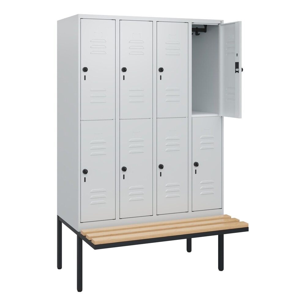 C+P Doppelstock-Spind Classic PLUS, 4 Abteile, HxBxT 1.950 x 1.200 x 815 mm, für Vorhängeschloss, auskragende Bank aus Buche, lichtgrau, lichtgrau