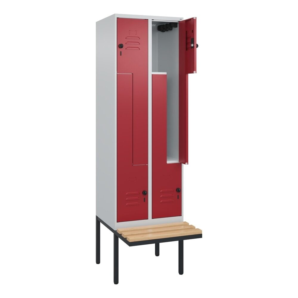 C+P Z-Spind Classic PLUS, 4 Abteile, HxBxT 2.120 x 600 x 815 mm, für Vorhängeschloss, auskragende Bank aus Buche, lichtgrau, rubinrot