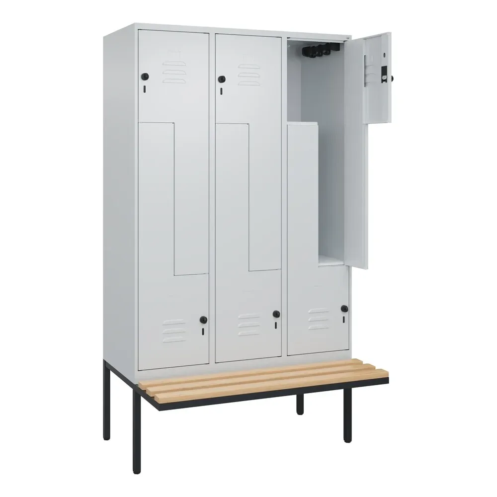 Z-Spind Classic PLUS Sitzbank, 3 Abteile, lichtgrau, B 1200 mm, Sicherheits-Drehriegel, auskragend, Buche-Hartholz C+P