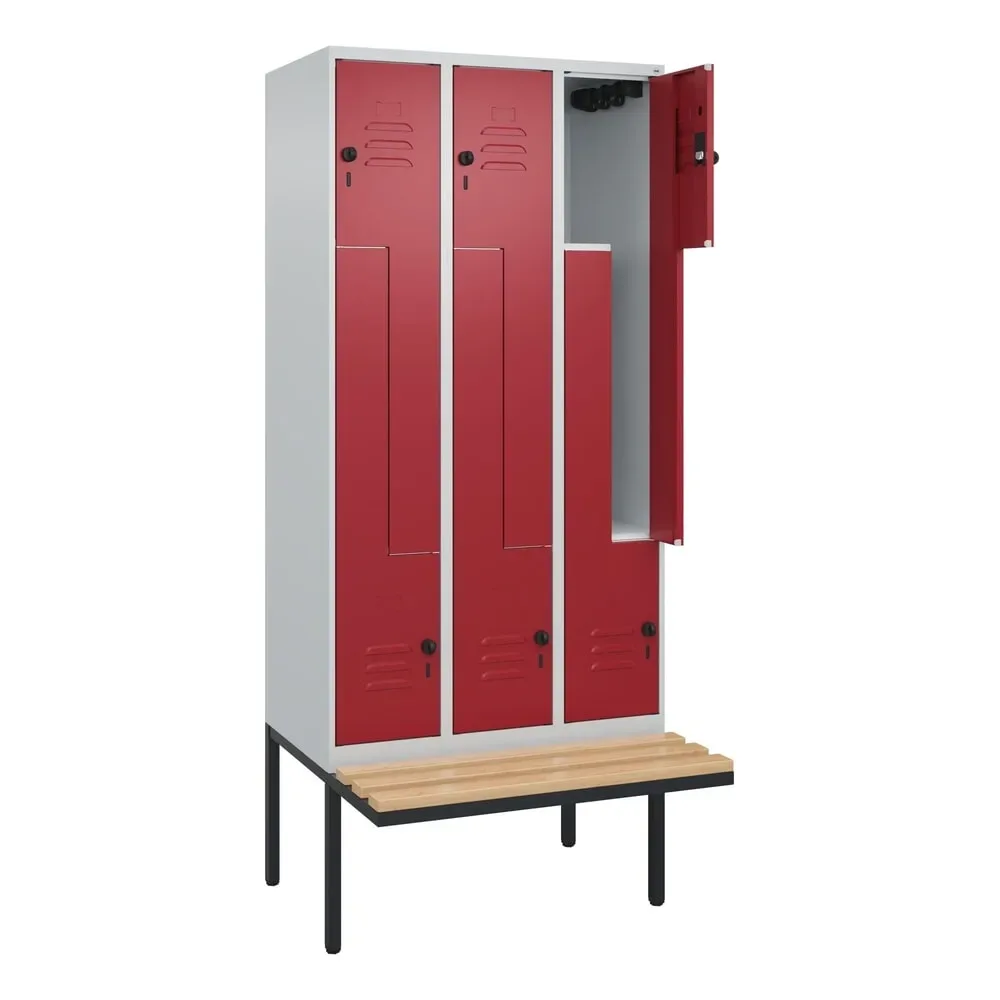 C+P Z-Spind Classic PLUS, 6 Abteile, HxBxT 2.120 x 900 x 815 mm, für Vorhängeschloss, auskragende Bank aus Buche, lichtgrau, rubinrot