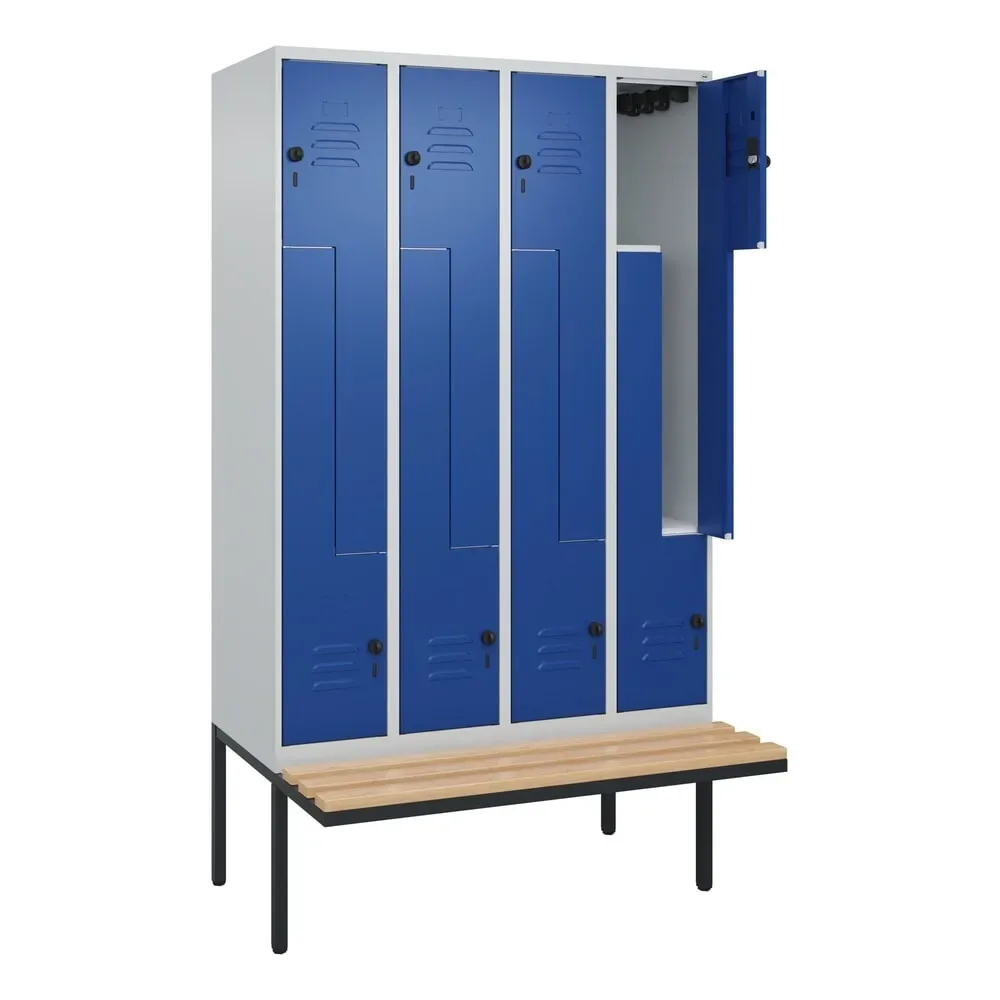 Z-Spind Classic PLUS Sitzbank, 4 Abteile, lichtgrau / enzianblau, B 1200 mm, Sicherheits-Drehriegel, auskragend, Buche-Hartholz C+P