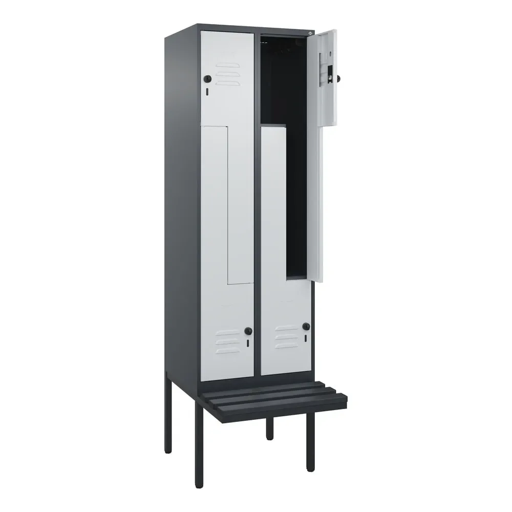 C+P Z-Spind Classic PLUS, 4 Abteile, HxBxT 2.120 x 600 x 815 mm, für Vorhängeschloss, auskragende Bank aus Kunststoff, anthrazitgrau, lichtgrau