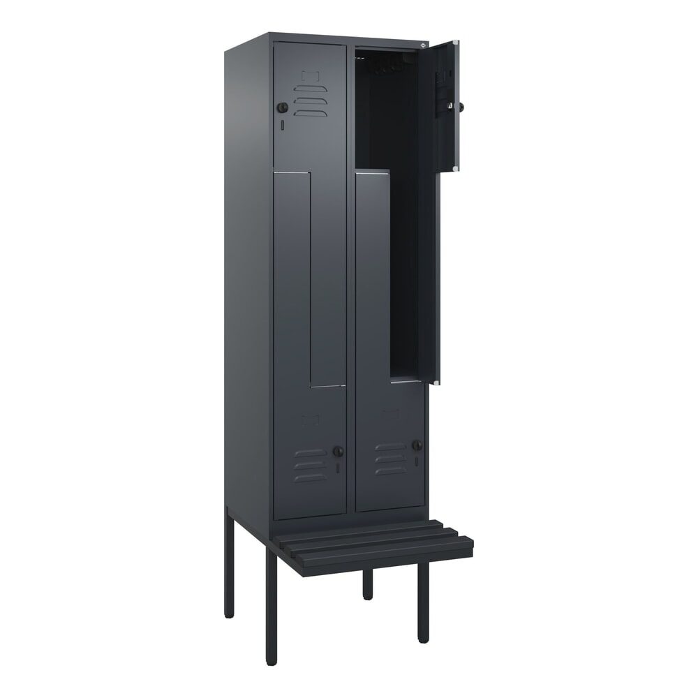 C+P Z-Spind Classic PLUS, 4 Abteile, HxBxT 2.120 x 600 x 815 mm, für Vorhängeschloss, auskragende Bank aus Kunststoff, anthrazitgrau, anthrazitgrau