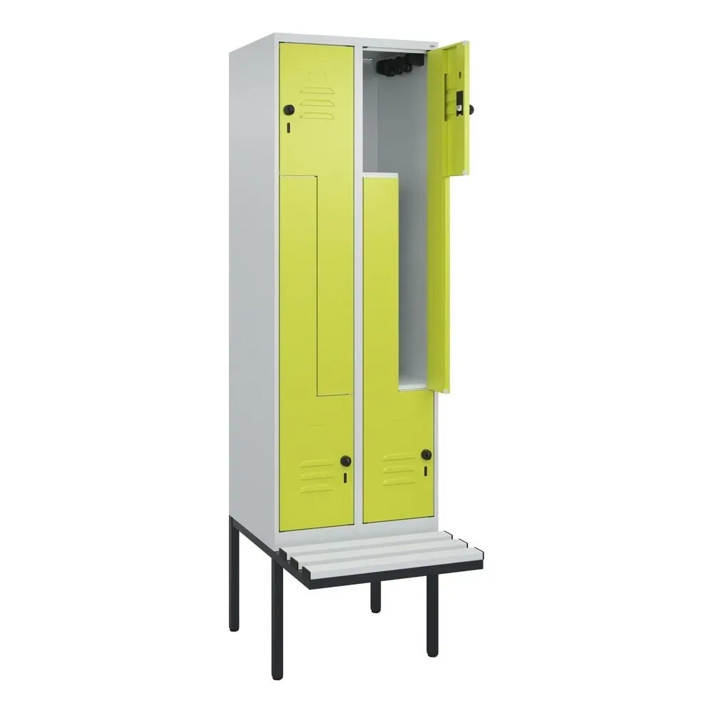 C+P Z-Spind Classic PLUS, 4 Abteile, HxBxT 2.120 x 600 x 815 mm, für Vorhängeschloss, auskragende Bank aus Kunststoff, lichtgrau, clowngrün
