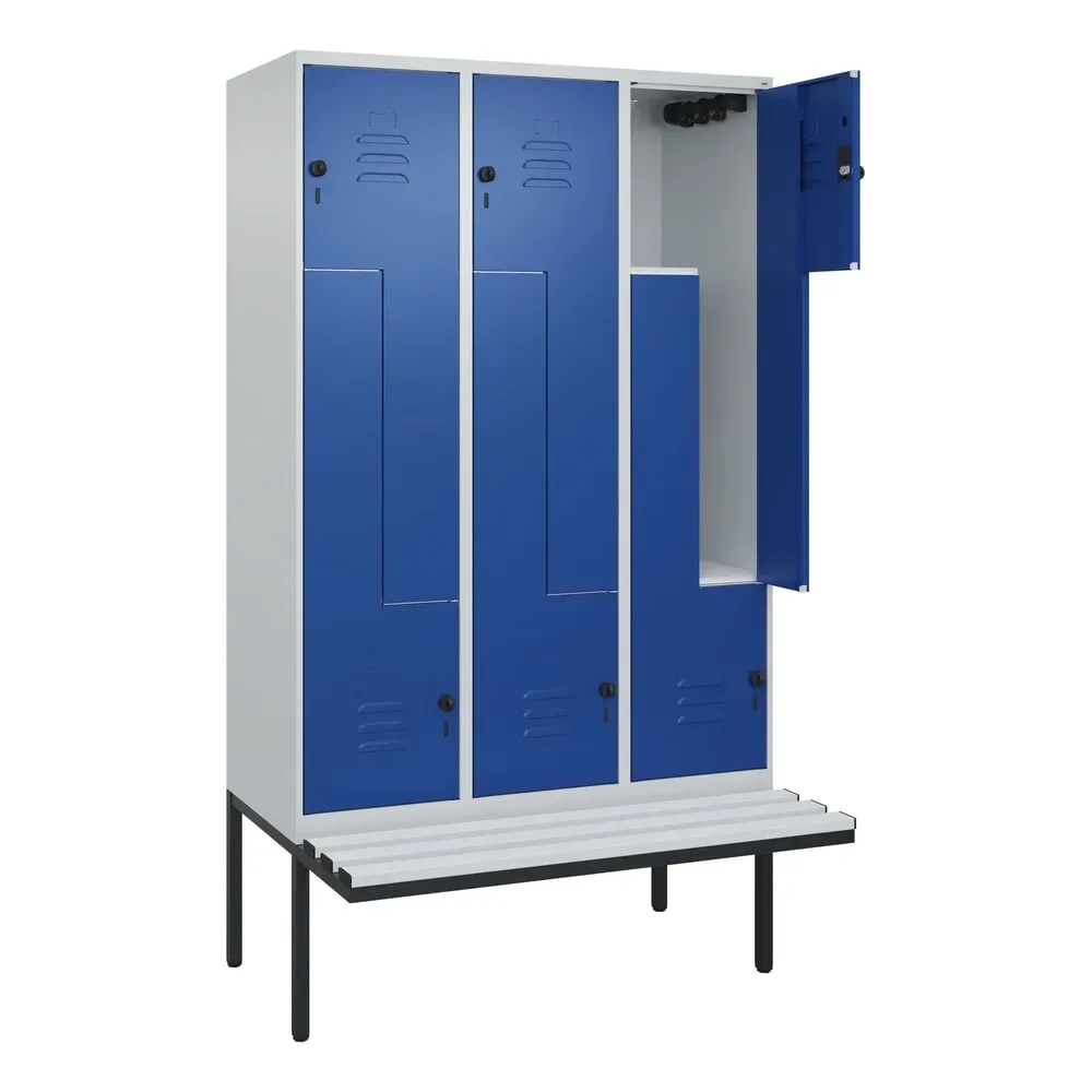 C+P Z-Spind Classic PLUS, 6 Abteile, HxBxT 2.120 x 1.200 x 815 mm, für Vorhängeschloss, auskragende Bank aus Kunststoff, lichtgrau, enzianblau
