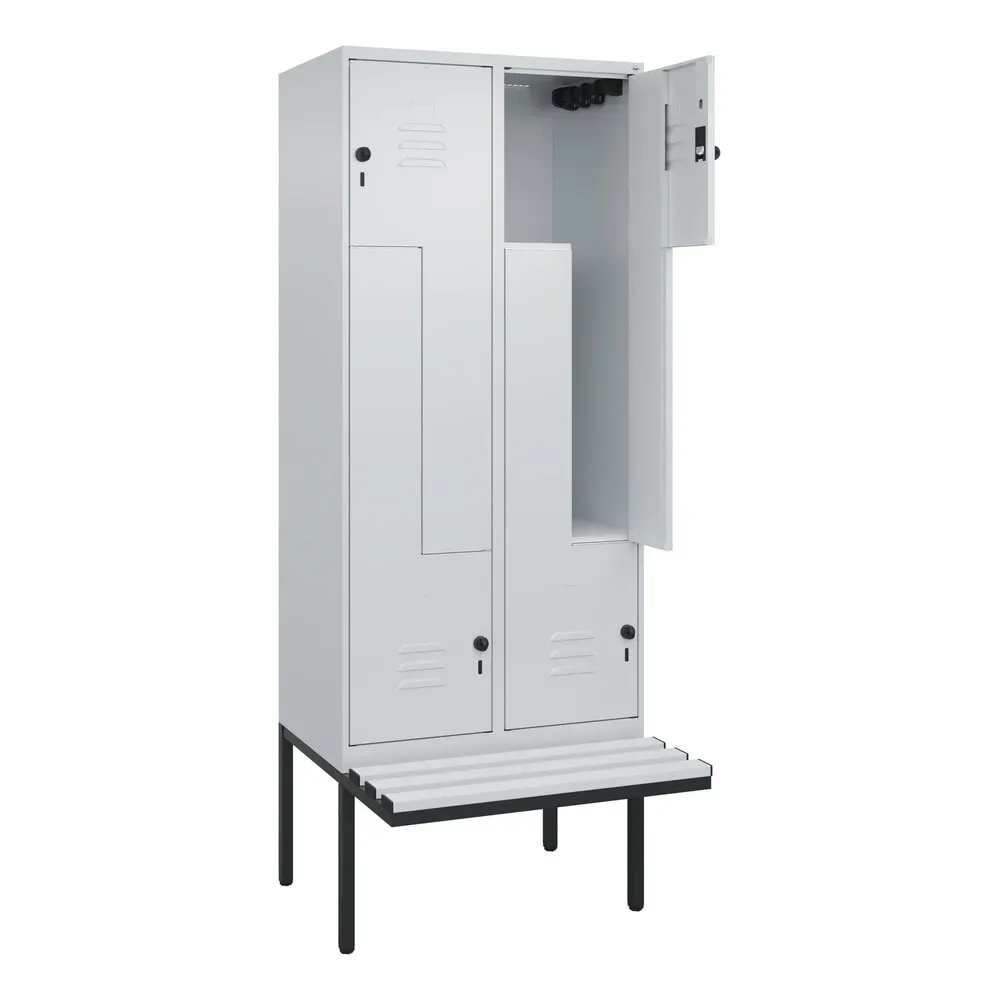 C+P Z-Spind Classic PLUS, 4 Abteile, HxBxT 2.120 x 800 x 815 mm, für Vorhängeschloss, auskragende Bank aus Kunststoff, lichtgrau, lichtgrau