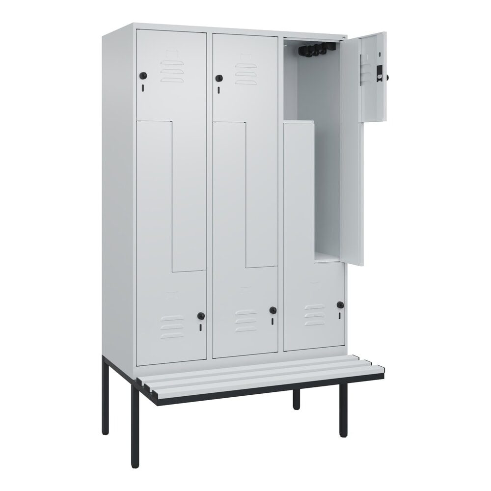 C+P Z-Spind Classic PLUS, 6 Abteile, HxBxT 2.120 x 1.200 x 815 mm, für Vorhängeschloss, auskragende Bank aus Kunststoff, lichtgrau, lichtgrau
