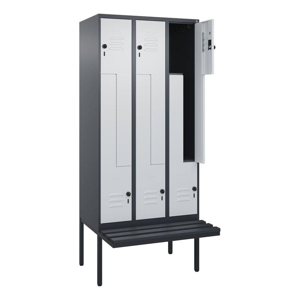 C+P Z-Spind Classic PLUS, 6 Abteile, HxBxT 2.120 x 900 x 815 mm, für Vorhängeschloss, auskragende Bank aus Kunststoff, anthrazitgrau, lichtgrau