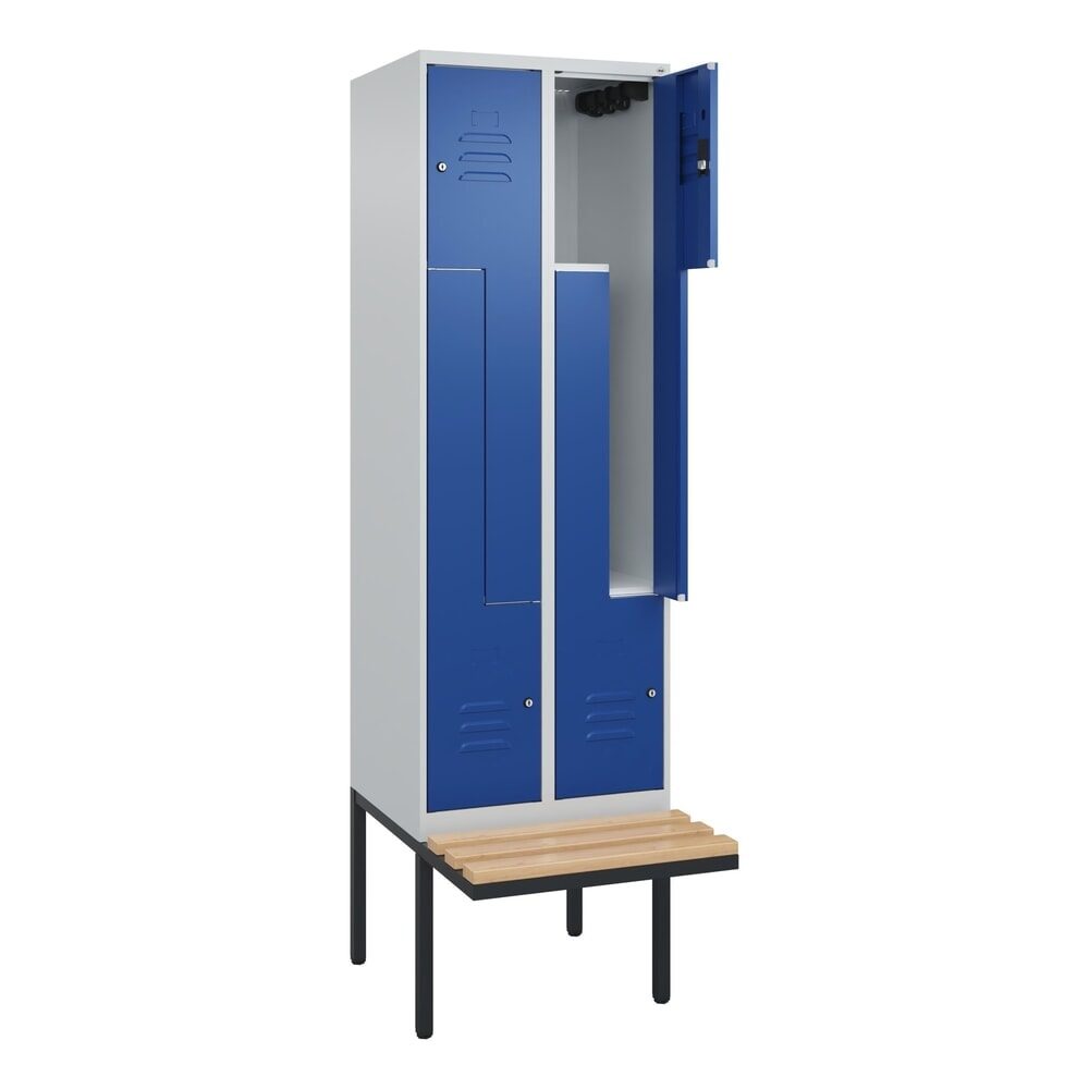 C+P Z-Spind Classic PLUS, 4 Abteile, HxBxT 2.120 x 600 x 815 mm, Zylinderschloss, auskragende Bank aus Buche, lichtgrau, enzianblau